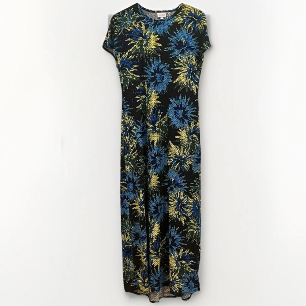 LuLaRoe Maria Maxi Dress ✨ Size S Cap Sleeve Blue Yellow Floral Black
